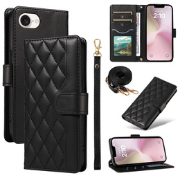 Etui z klapką do iPhone 16E, Rhombus Crossbody Leather, czarne
