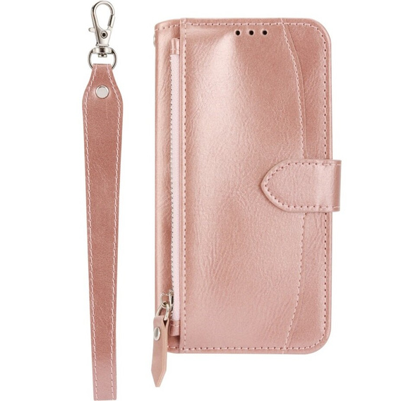 Etui z klapką do Samsung Galaxy A25 5G, Wallet Zipper Pocket, z paskiem na ramię, różowe rose gold