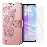 Zestaw Etui z klapką do Oppo A78 5G, Motyl, Różowe rose gold + szkło