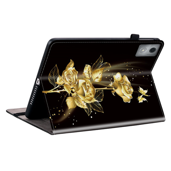 Etui do Lenovo Tab K11 Plus z nadrukiem złotej róży, z kieszeniami na karty i funkcją podstawki