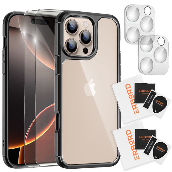 Etui do iPhone 16 Pro, ERBORD Hybrid, przezroczyste / czarne + 2x Szkło na ekran + 2x Szkło na aparat