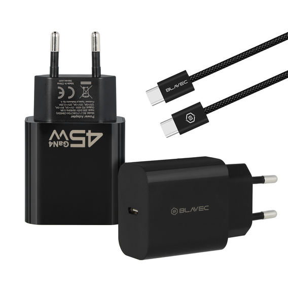 Blavec Ładowarka sieciowa GaN4 – Typ C PD/QC 45W 3A z kablem USB-C -USB-C, czarna