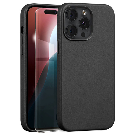 Etui skórzane do iPhone 16 Pro, ERBORD Leather MagSafe, czarne + Szkło na ekran
