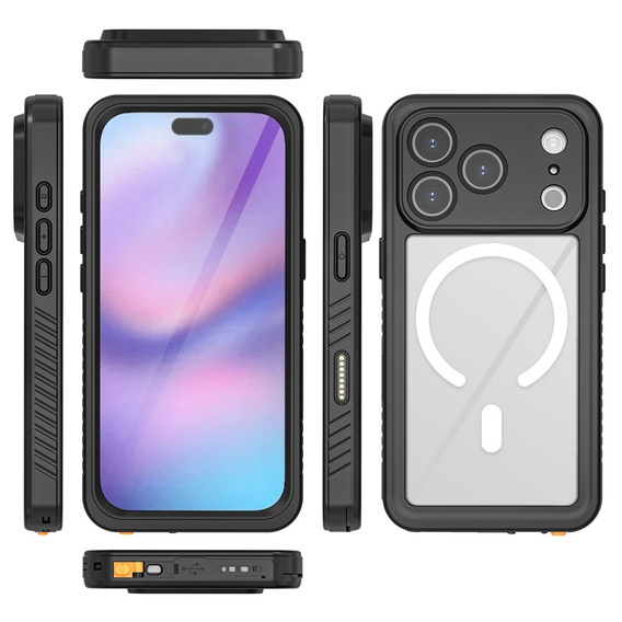 Etui Wodoodporne IP68 do iPhone 17 Pro, Redpepper, do MagSafe, przezroczyste z czarną ramką