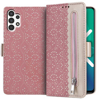 Etui z klapką do Samsung Galaxy A13 4G, Wallet Pocket Zipper Lace, różowe