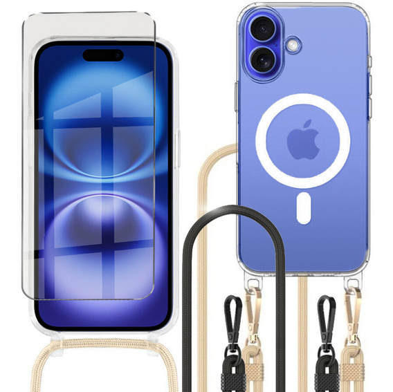 Etui ze smyczą do iPhone 16, ERBORD MagSafe, przezroczyste + Szkło na ekran