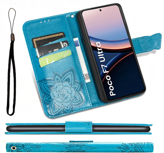 Etui z klapką do Xiaomi Poco F7 Ultra, Butterfly, niebieskie