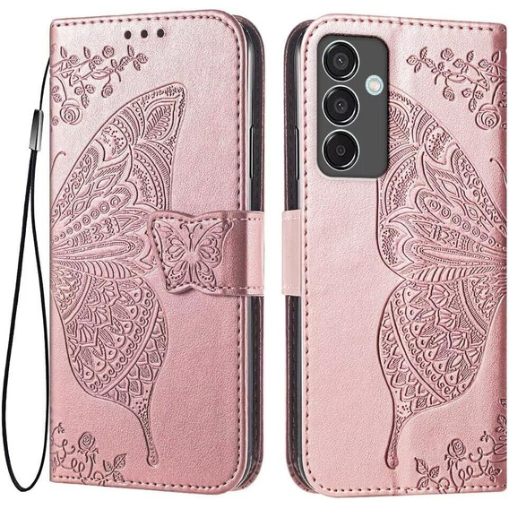 Etui z klapką do Samsung Galaxy S24 FE, Butterfly, różowe rose gold