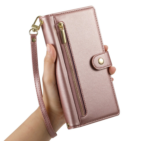 Etui z klapką do iPhone 16 Plus, Wallet Zipper Pocket, różowe