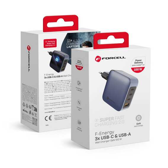Forcell Ładowarka Sieciowa USB-A / 3x USB-C 3A GaN 100W PD QC 4.0, szara