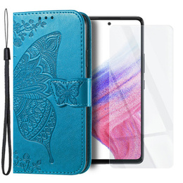 Zestaw Etui z Klapką do Samsung Galaxy A53 5G, Motyl, Niebieskie + szkło