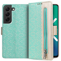 Etui z klapką do Samsung Galaxy S22+ Plus 5G, Wallet Pocket Zipper Lace, zielone