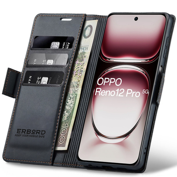 Etui do Oppo Reno 12 Pro, ERBORD Glossy Litchi, portfel z klapką, czarne