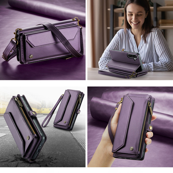 Etui portfelowe z zamkiem i paskami do Samsung Galaxy A17 5G - fioletowe