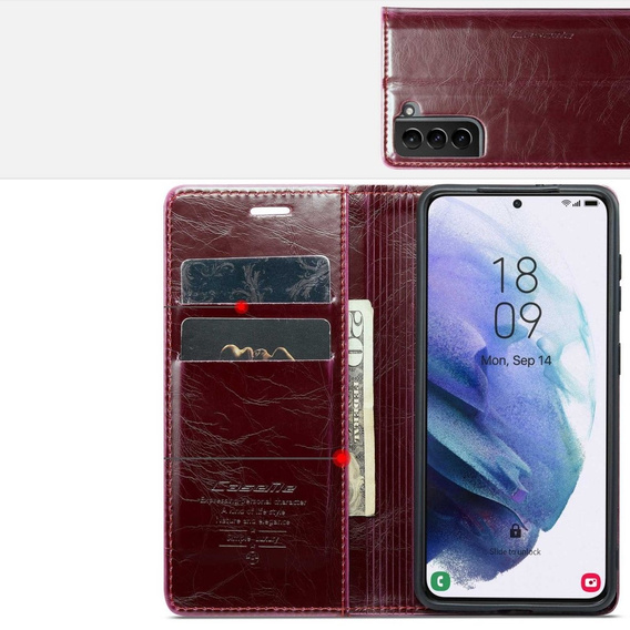 Etui z klapką CASEME do Samsung Galaxy S21, Waxy Textured, czerwone