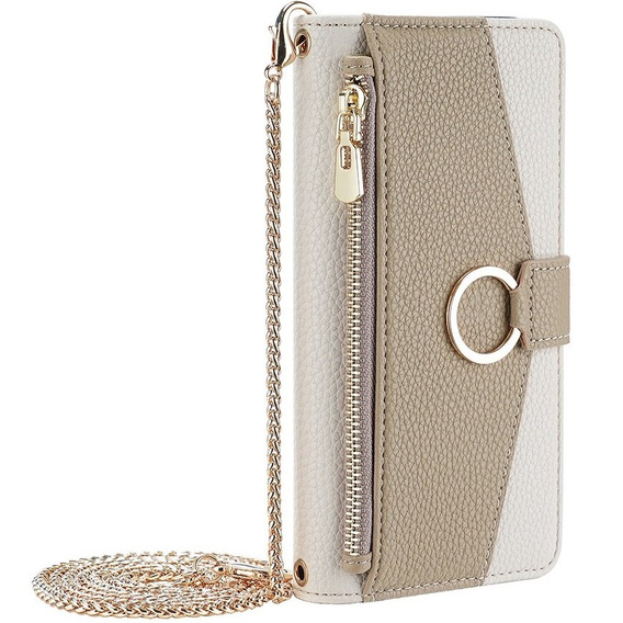 Etui z klapką do iPhone 15 Pro Max, Wallet Zipper Pocket, z lusterkiem, białe