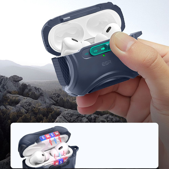 ESR Etui na słuchawki Airpods Pro 1 / 2, Cyber Armor FlickLock Halolock Magsafe, granatowe