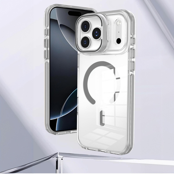 Etui do iPhone 17 Pro Max, do MagSafe, z podstawką, przezroczyste z szarymi akcentami