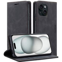 Etui do iPhone 15, ERBORD Vintage portfel z klapką, czarne
