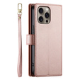 Etui z klapką do iPhone 16 Pro, Wallet Zipper Pocket, różowe