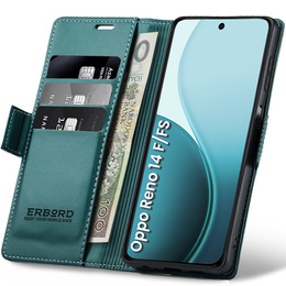 Etui do Oppo Reno 14 F / 14 FS, ERBORD Glossy Litchi, portfel z klapką, zielone