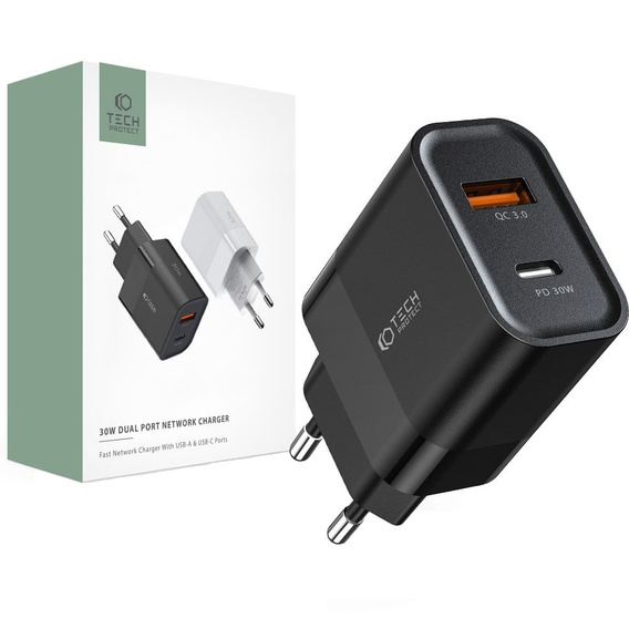 Tech-Protect C30W QC3.0 Uniwersalna Ładowarka Sieciowa USB-A USB-C, Black