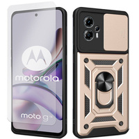 Zestaw Etui do Motorola Moto G13 / G23 pancerne, z ochroną aparatu i ringiem, złote + szkło