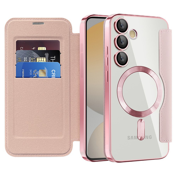 Etui z klapką do Samsung Galaxy S24 FE, RFID Wallet MagSafe z ochroną aparatu, różowe