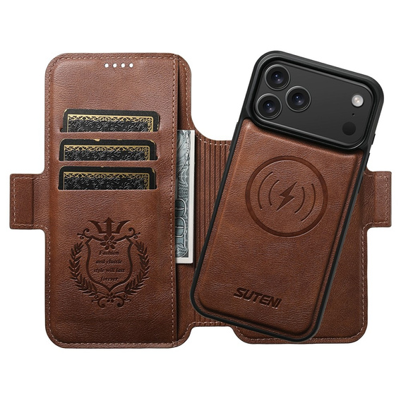 Etui z klapką 2w1 SUTENI do iPhone 17 Pro, do MagSafe, brązowe