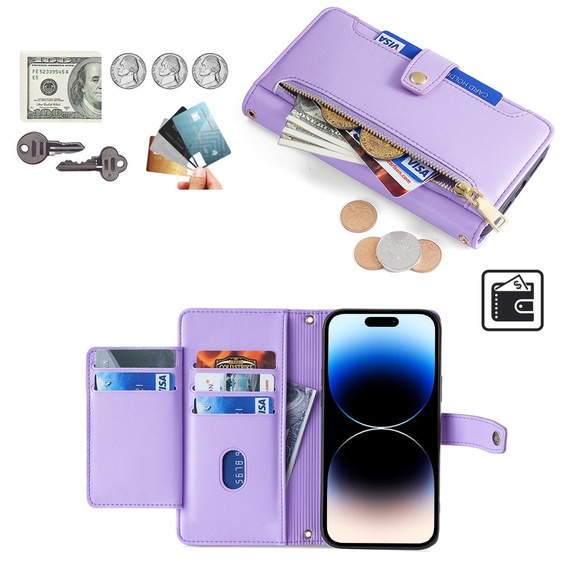 Etui z klapką do iPhone 14 Pro Max, Wallet Zipper Pocket, fioletowe