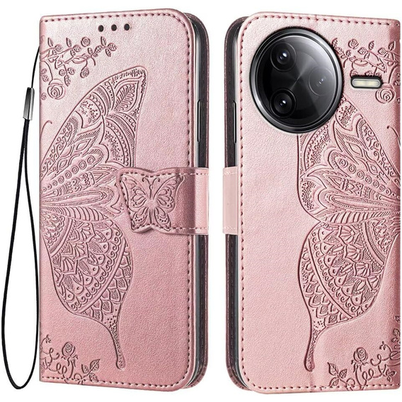 Etui z klapką do Xiaomi Poco F7 Pro, Butterfly, różowe rose gold