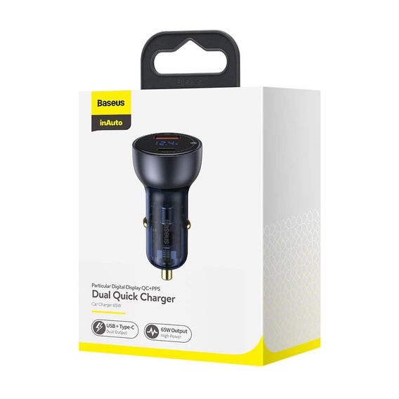 Baseus Particular 3.1 – przezroczysta ładowarka samochodowa 65 W USB-C + USB-A - szara