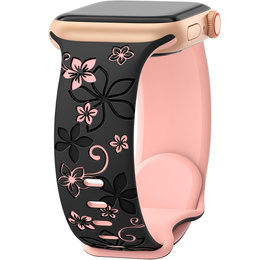 Pasek Silikonowy do Apple Watch 1/2/3/4/5/6/7/8/9/10/11/SE Ultra 1/2/3 42/44/45/46/49mm, Floral, Czarny / Różowy