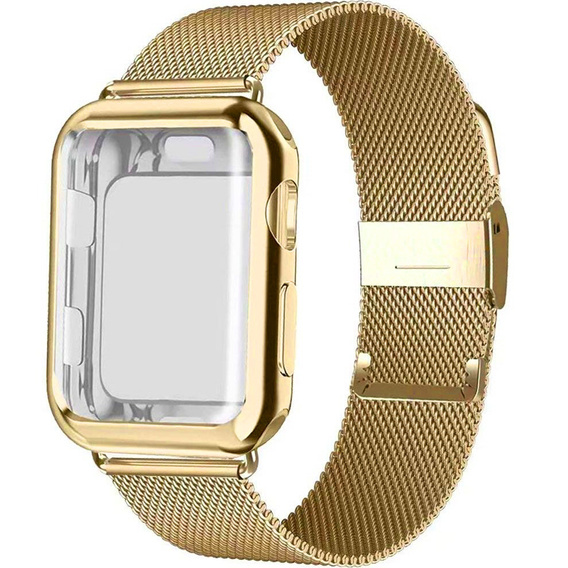 Bransoleta Milanese + Etui z osłoną na ekran do Apple Watch 1/2/3/4/5/6/SE 42/44MM, Złoty