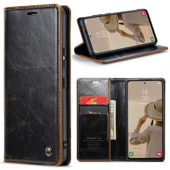 Etui z klapką CASEME do Samsung Galaxy A53 5G, Waxy Textured, czarne / brązowe
