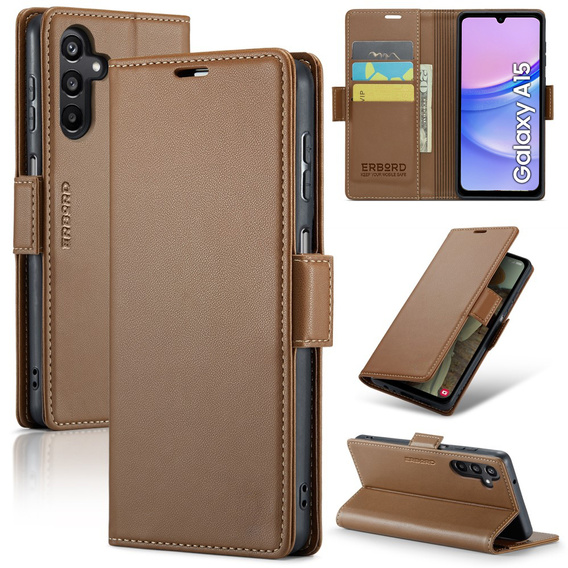 Etui do Samsung Galaxy A15 4G / 5G, ERBORD Glossy Litchi, portfel z klapką, brązowe + Szkło Hartowane 9H