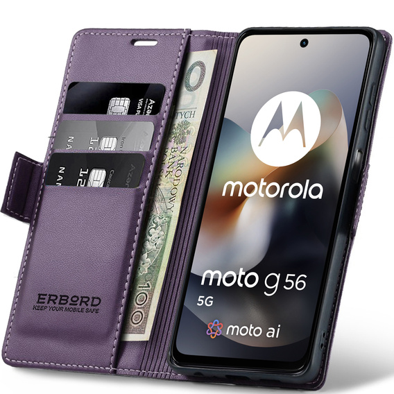 Etui do Motorola Moto G56 5G, ERBORD Glossy Litchi, portfel z klapką, fioletowe