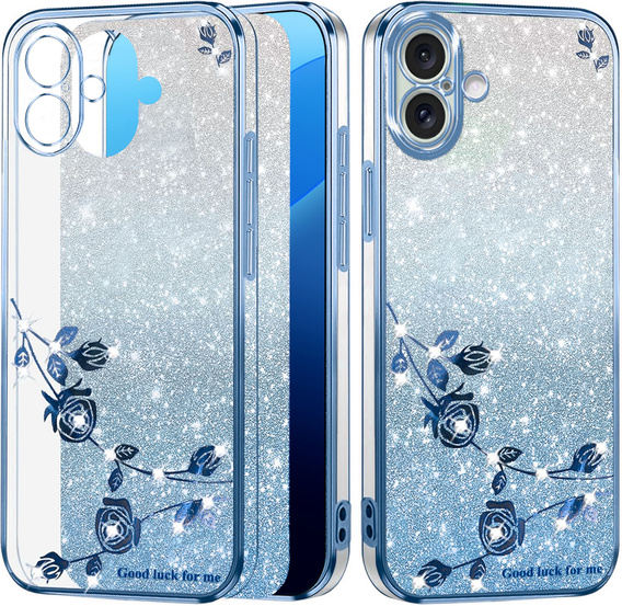 Etui do iPhone 16, Glitter Flower, niebieskie