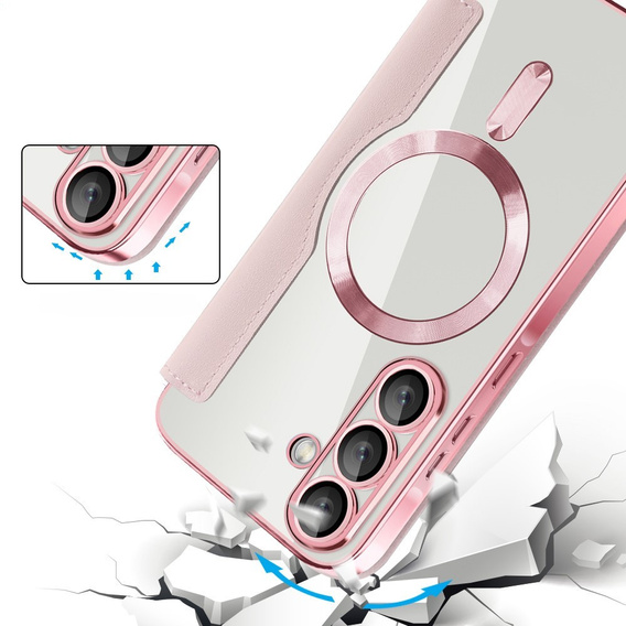 Etui z klapką do Samsung Galaxy A56 5G, RFID Wallet MagSafe z ochroną aparatu, różowe