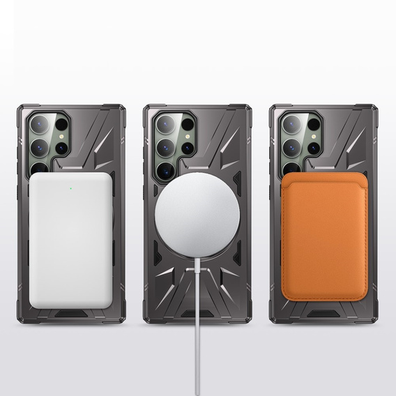 Etui do Samsung Galaxy S24 Ultra, pancerne z podstawką i blaszką do uchwytu, szare