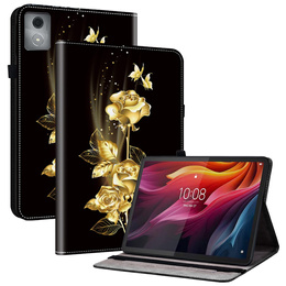 Etui do Lenovo Tab K11 Plus z nadrukiem złotej róży, z kieszeniami na karty i funkcją podstawki