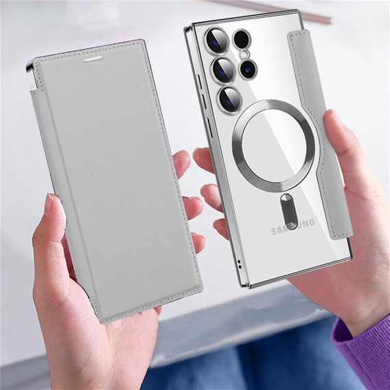 Etui z klapką do Samsung Galaxy S24 Ultra, RFID Wallet MagSafe z ochroną aparatu, srebrne