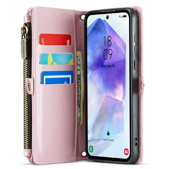 Etui CASEME do Samsung Galaxy A55 5G, RFID Leather Wallet, z paskiem na ramię, różowe