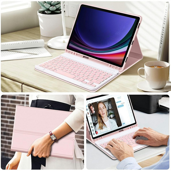 Etui z klawiaturą do Samsung Galaxy Tab S10 FE / S9 FE, Leather Pen Slot, różowe rose gold