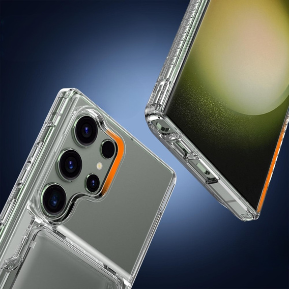 Przezroczyste etui do Samsung Galaxy S25 Ultra – PC + TPU, z kieszonką na kartę i funkcją podstawki