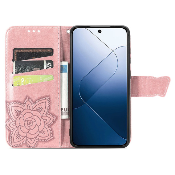 Etui z klapką do Xiaomi 14T Pro, Butterfly, różowe rose gold