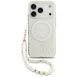 Etui GUESS do iPhone 17 Pro, IML Flowers Electroplated Allover With Beads Strap, do MagSafe, z paskiem, białe