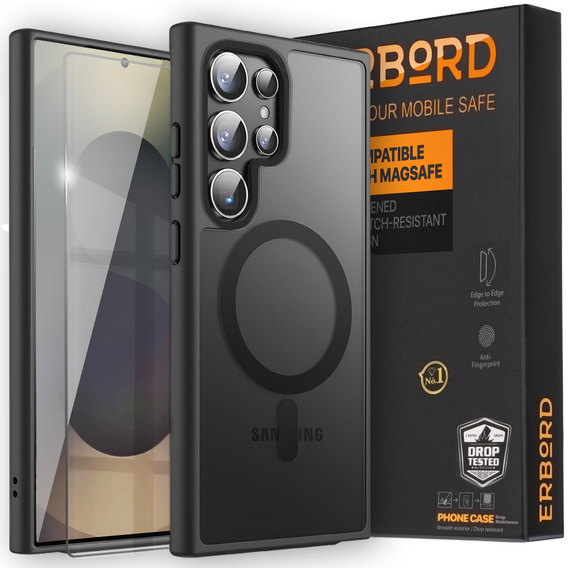 Zestaw Etui do Samsung Galaxy S25 Ultra, do MagSafe, ERBORD Matt Case, czarny + 3x Szkło na ekran