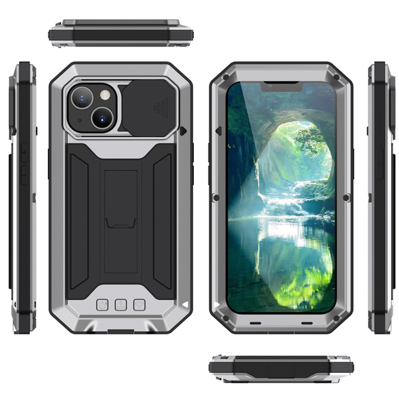Etui do iPhone 13 Mini, R-JUST CamShield Slide, pancerne, srebrne / czarne