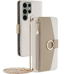 Etui z klapką do Samsung Galaxy S23 Ultra, Wallet Zipper Pocket, z lusterkiem, białe
